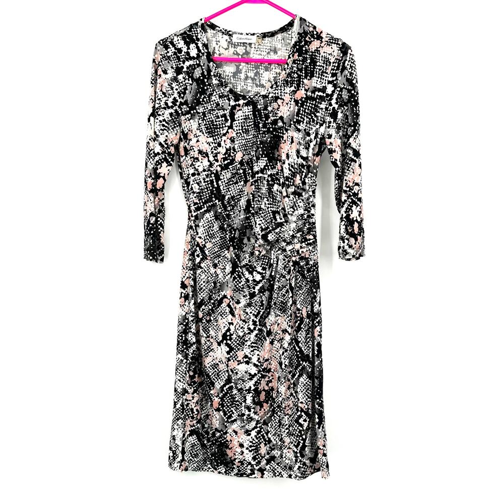 Calvin Klein Size 6 Dress Black‎ & White Abstract Long Sleeve Fit & Flare Midi
